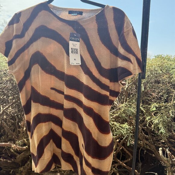 CHAPS Womens Short Sleeve Cotton Animal Print Top Beige Brown XL NEW WITH TAGS - Picture 4 of 9